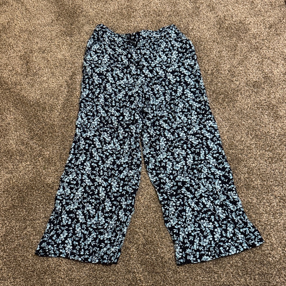 LOFT Black and Blue White Floral Wide Leg Pants Elastic Waist Front Pockets: MED